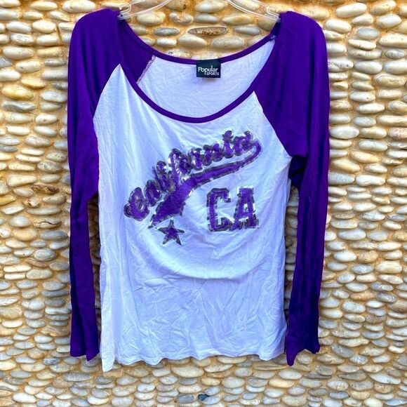 Popular Sports White & Purple California Logo Baseball Tee. Size Small. EUC! - Picture 1 of 3